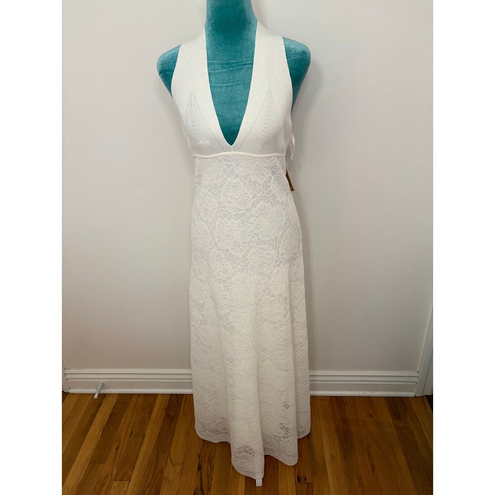 Sandro Paris beach wedding halter Maxi Angie Dress Lace Plunge V Neck Cream - Picture 6 of 11